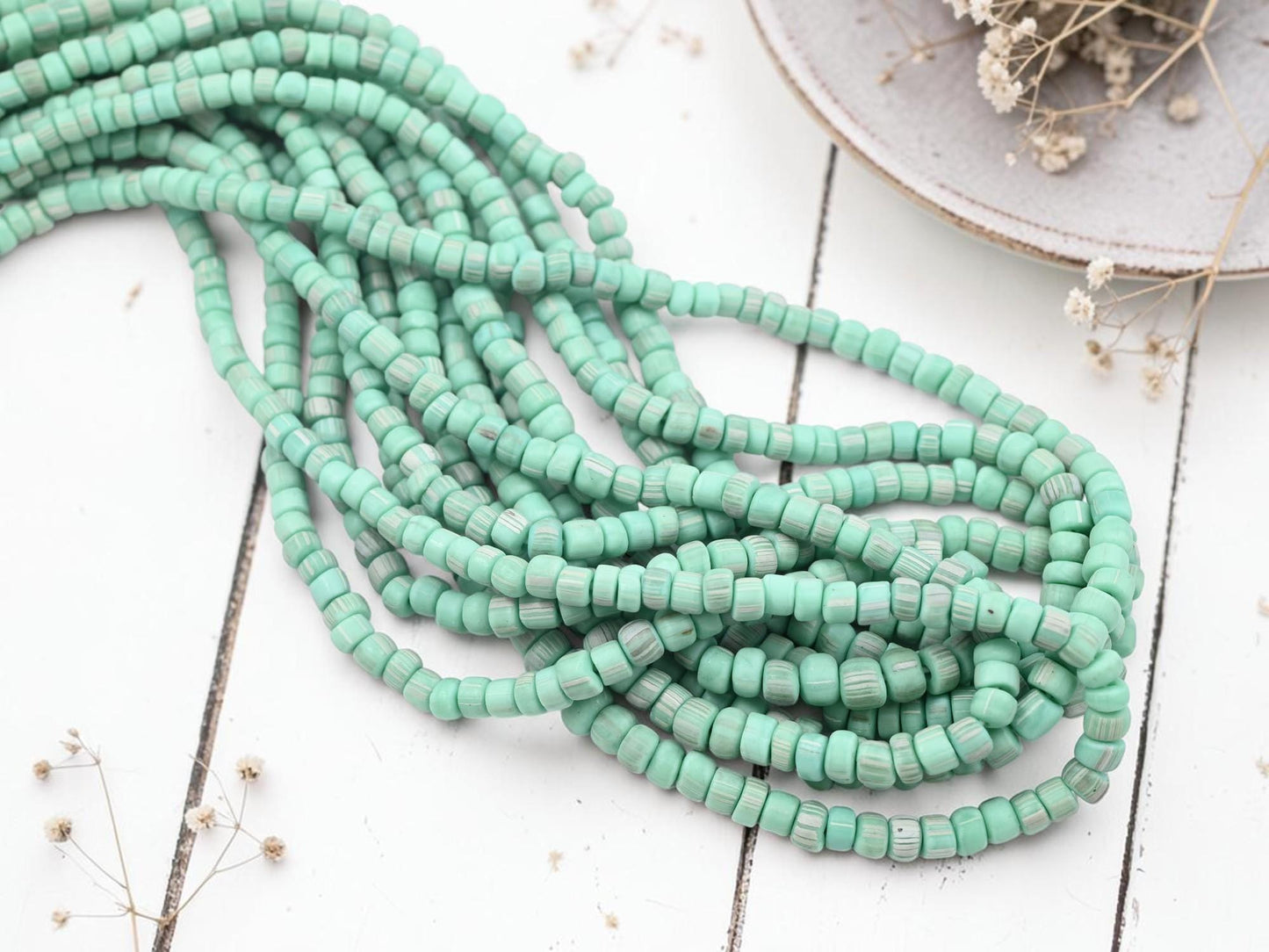 Indonesian Recycled Java Glass Gooseberry Trade Beads - Mint Turquoise - 4-7mm - 24" Strand - (2343)