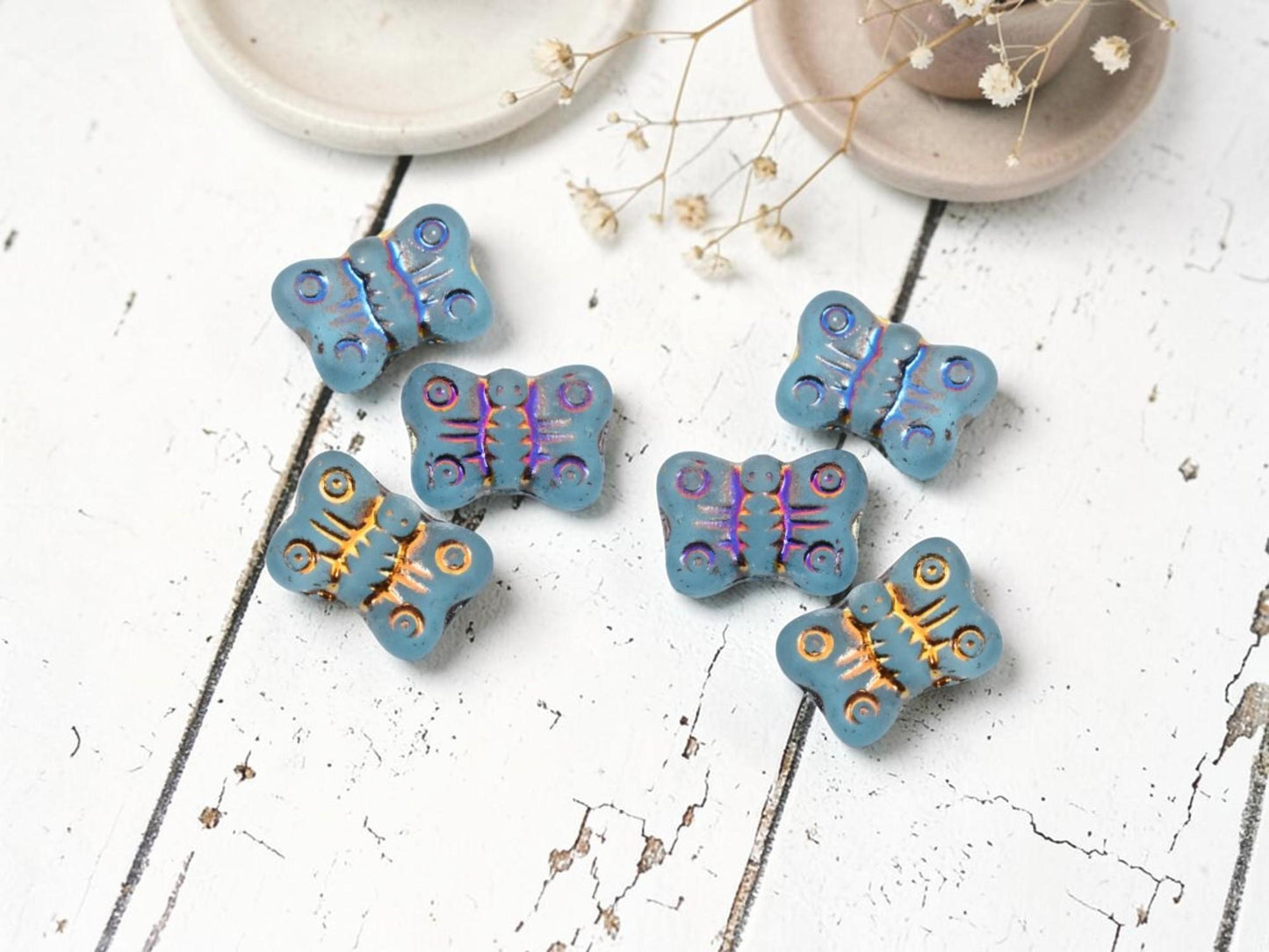 Czech Glass Butterfly Beads - Matte Sky Blue Metallic Volcano - 16x11mm - 12pcs - (253)