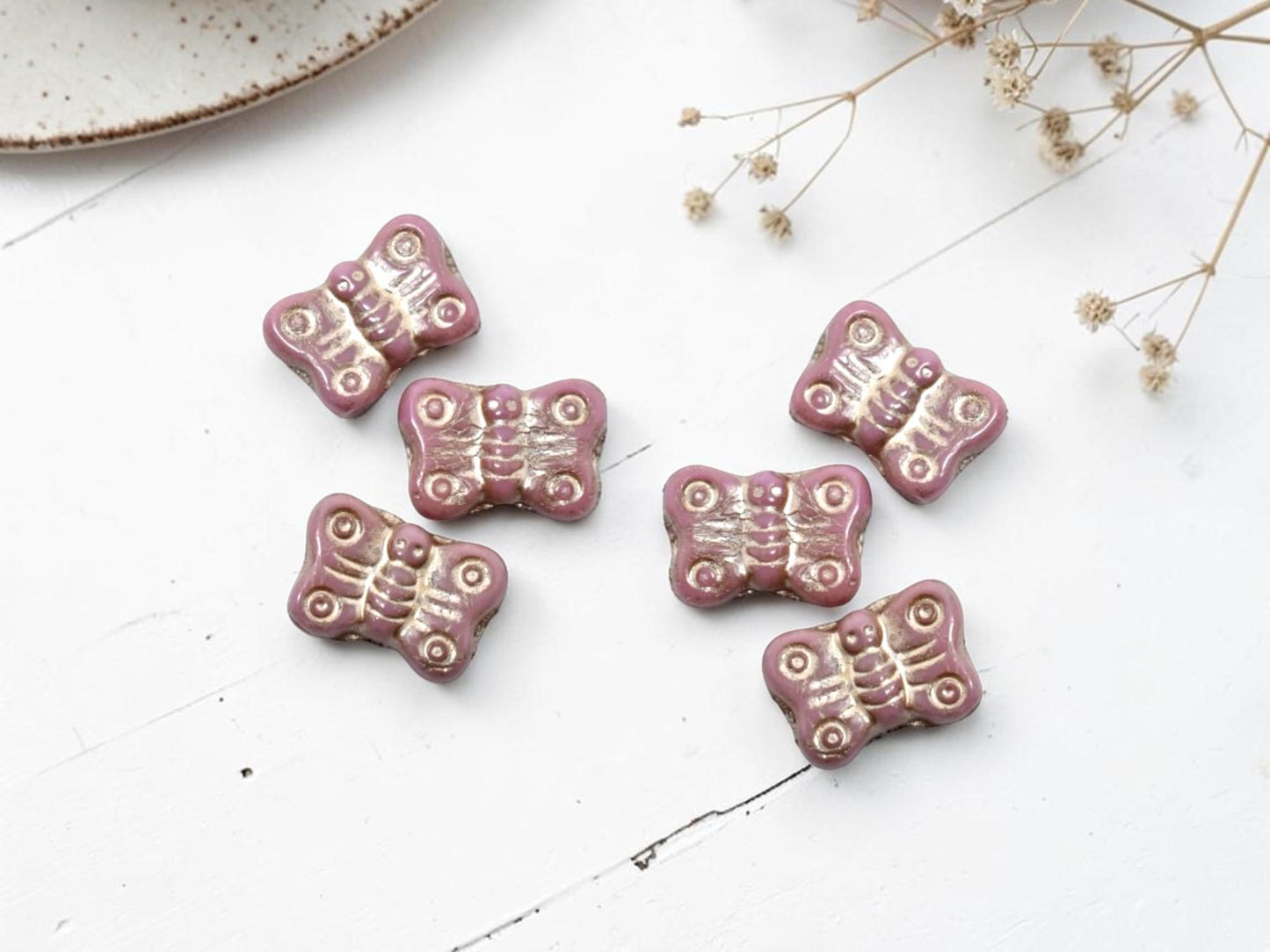 Czech Glass Butterfly Beads - Platinum Washed Opaque Pink - 16x11mm - 12pcs - (152)