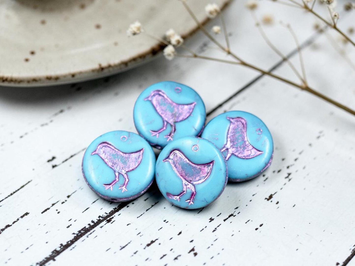 Czech Glass Beads - Picasso Beads - Bird Beads - Coin Beads - Czech Beads - Flat Coin - 10pcs - 12mm - (B64)