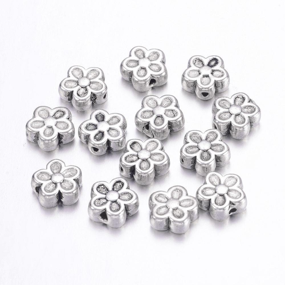 Antique Silver Metal Flower Spacer Beads - 7x4mm - 100pcs - (A673)