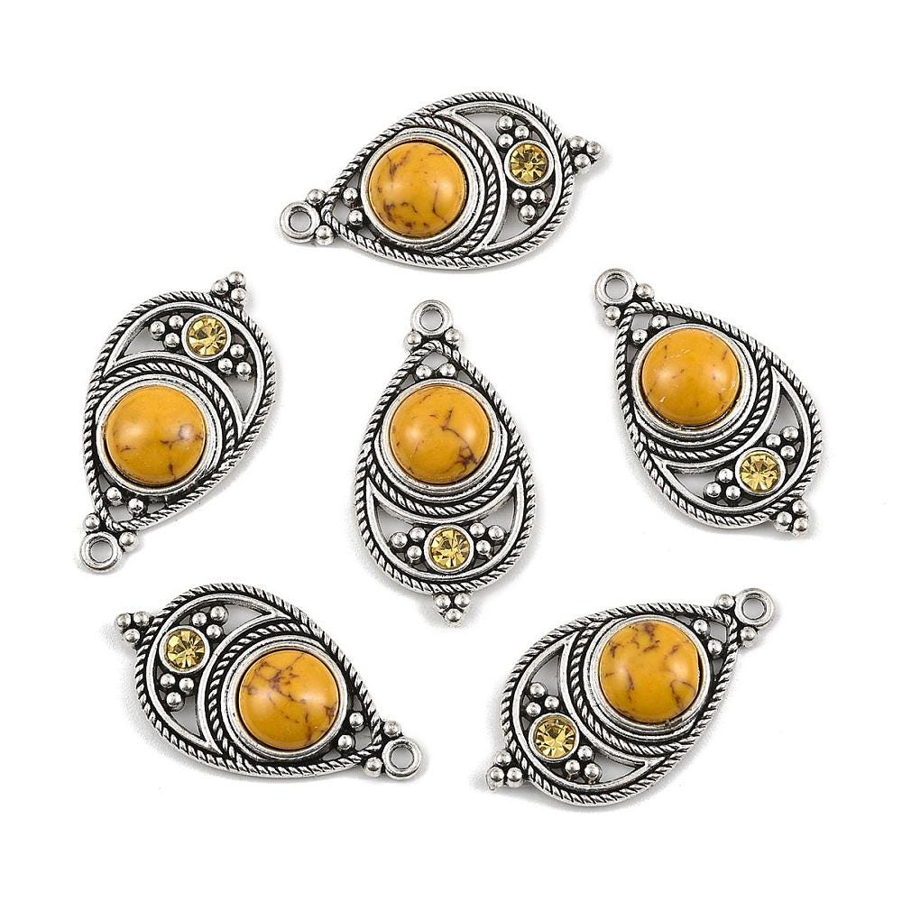 Antique Silver with Goldenrod Yellow Howlite + Rhinestone Metal Charm Pendants - 34x18mm - 2pcs - (3256)