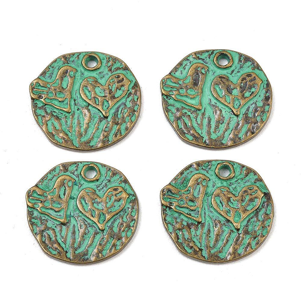 Antique Bronze Patina Metal Medallion Heart Design Charms - 20mm - 10pcs - (3907)