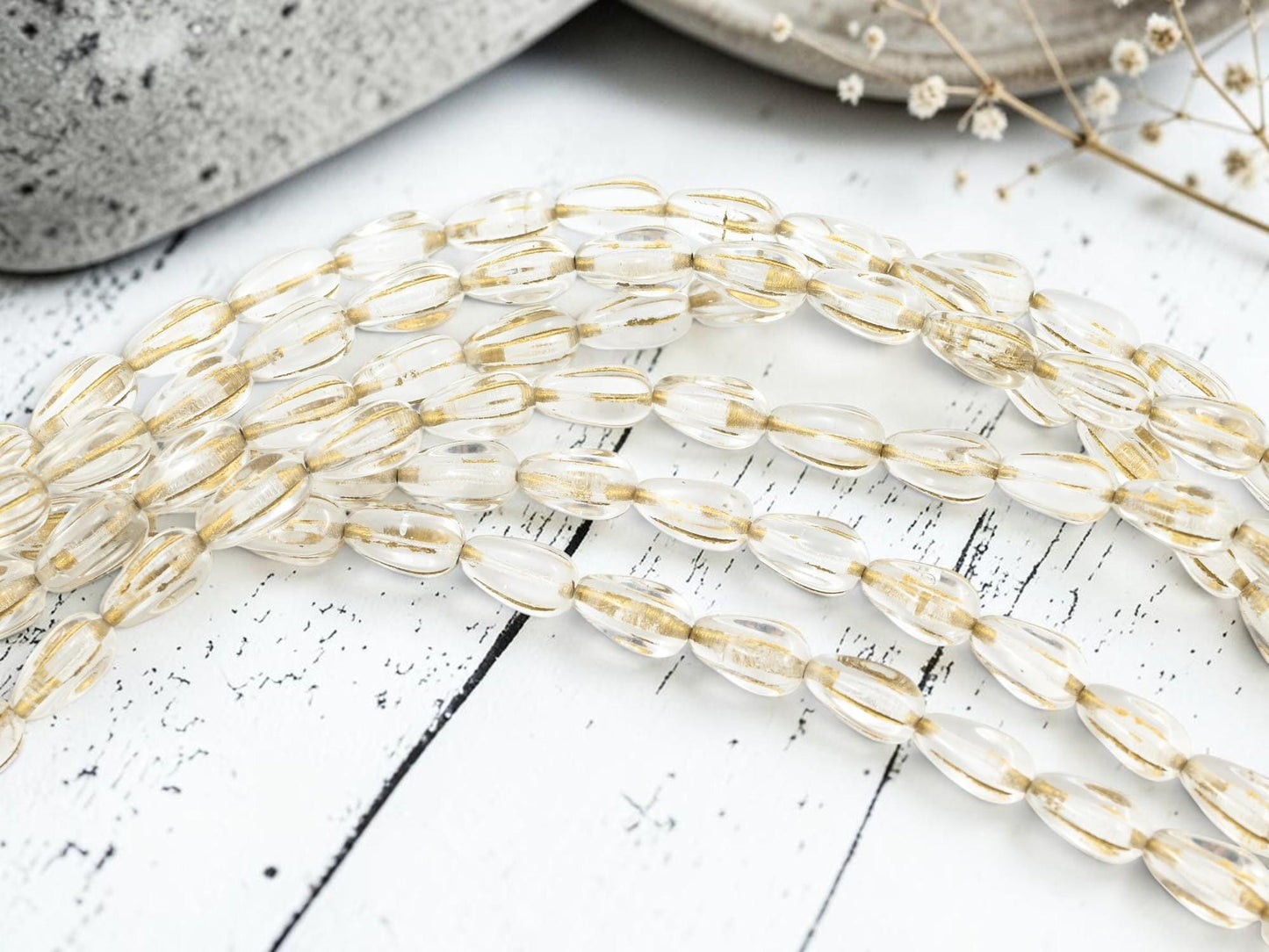 Czech Glass Melon Tear Drop Beads - Gold Washed Crystal Clear - 16pcs - 13x8mm - (A111)