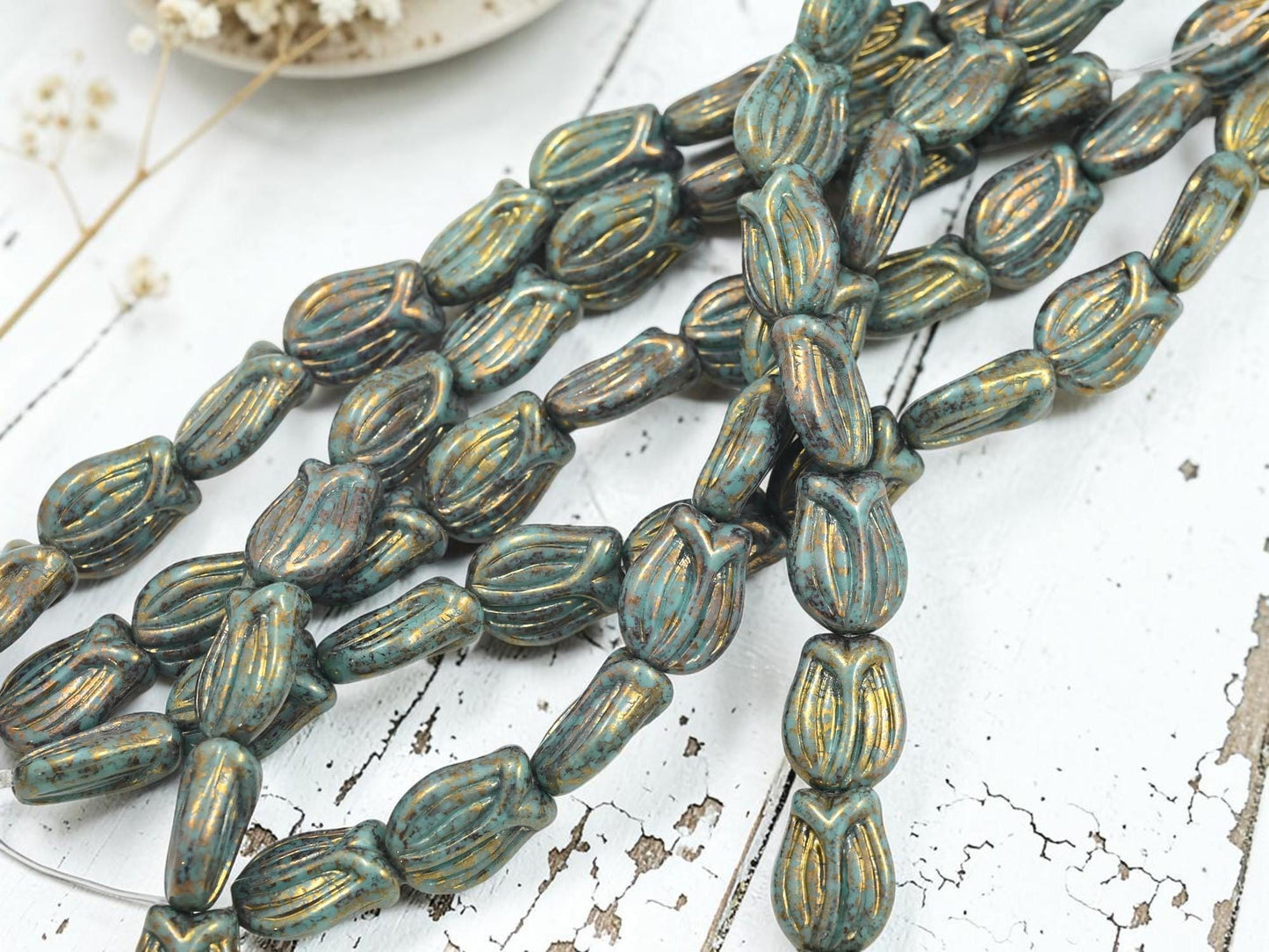 Czech Glass Tulip Flower Beads - Bronze Lustered Turquoise - 16x12mm - 10pcs - (493)