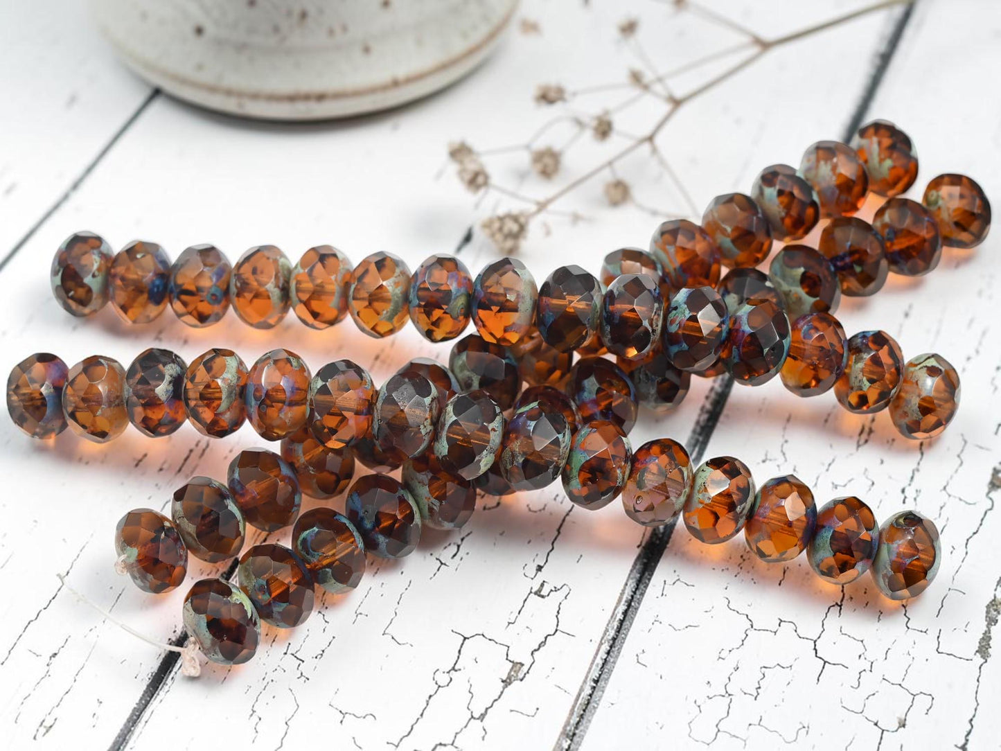 Fire Polished Czech Glass Faceted Rondelle Beads - Translucent Root Beer Picasso - 10x7mm - 15pcs - (5051)