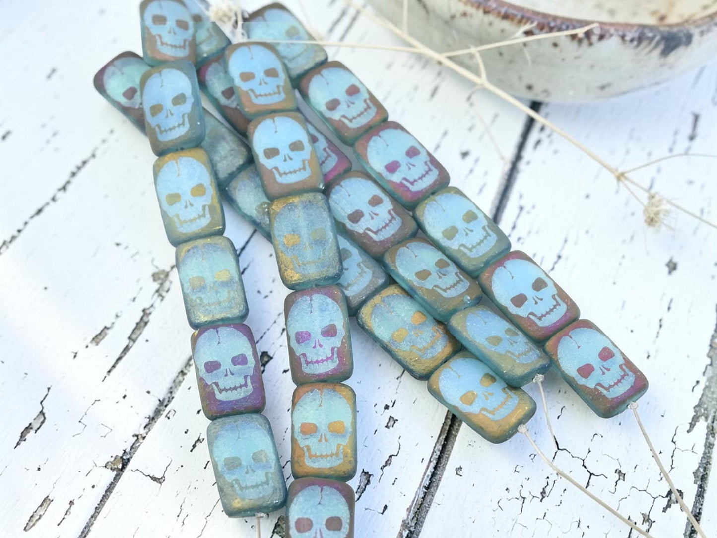 Czech Glass Acid Etched Laser Design Skull Rectangle Beads - 6pcs - 12x18mm - (5928)
