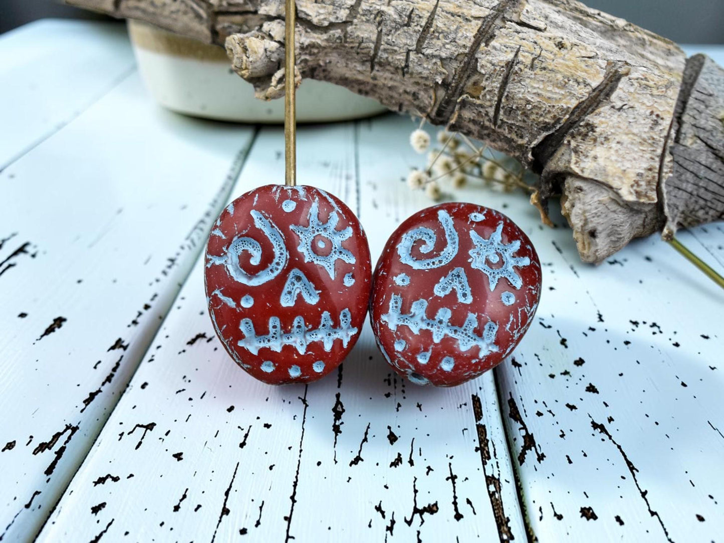 Czech Glass Beads - Sugar Skull Beads - Picasso Beads - Voodoo Beads - 15x13mm - 4pcs - (B712)