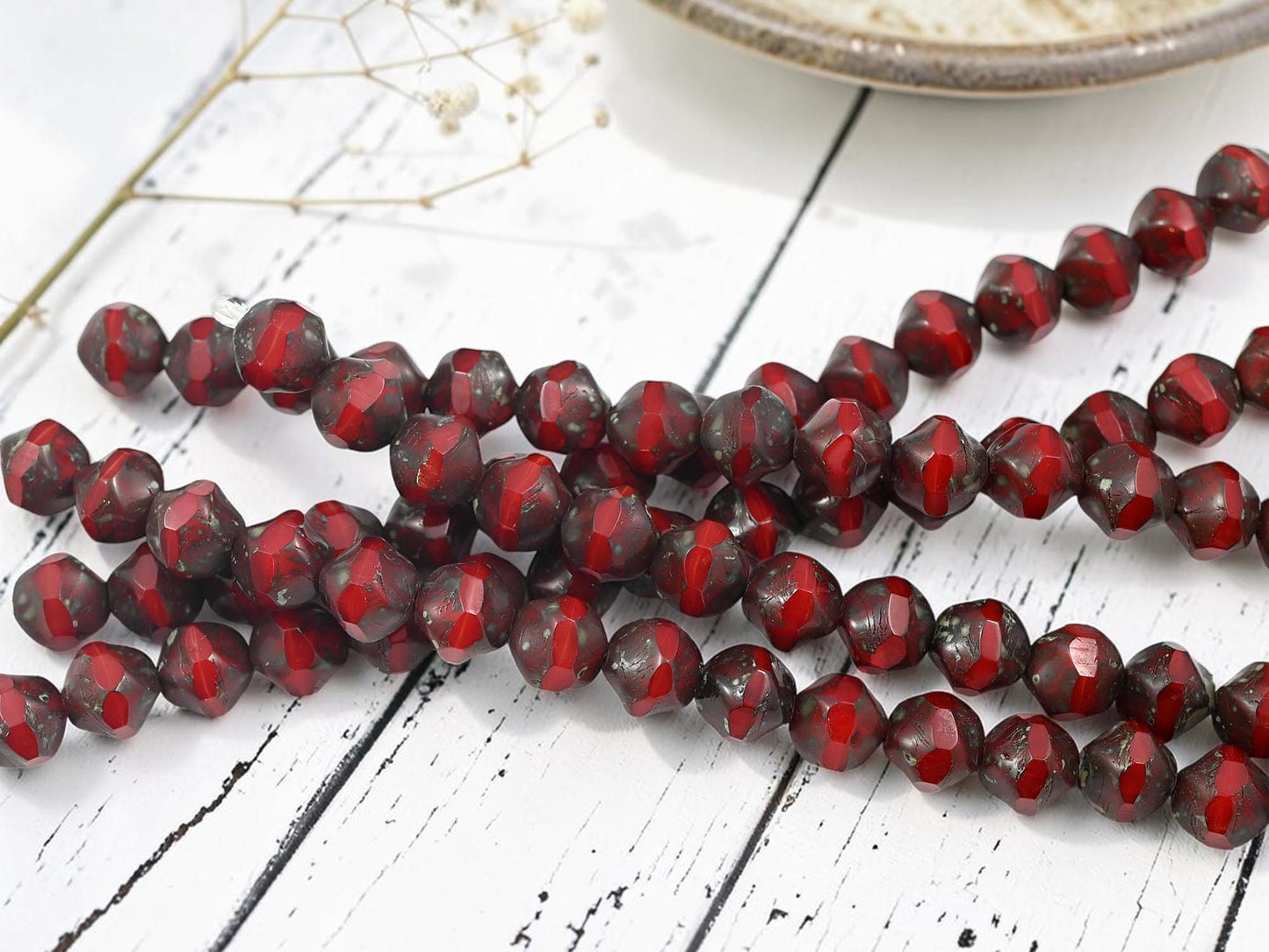 Old Stock Czech Glass Central Cut Round Baroque Beads - Red Opaline Picasso - 9mm - 15pcs - (A68)