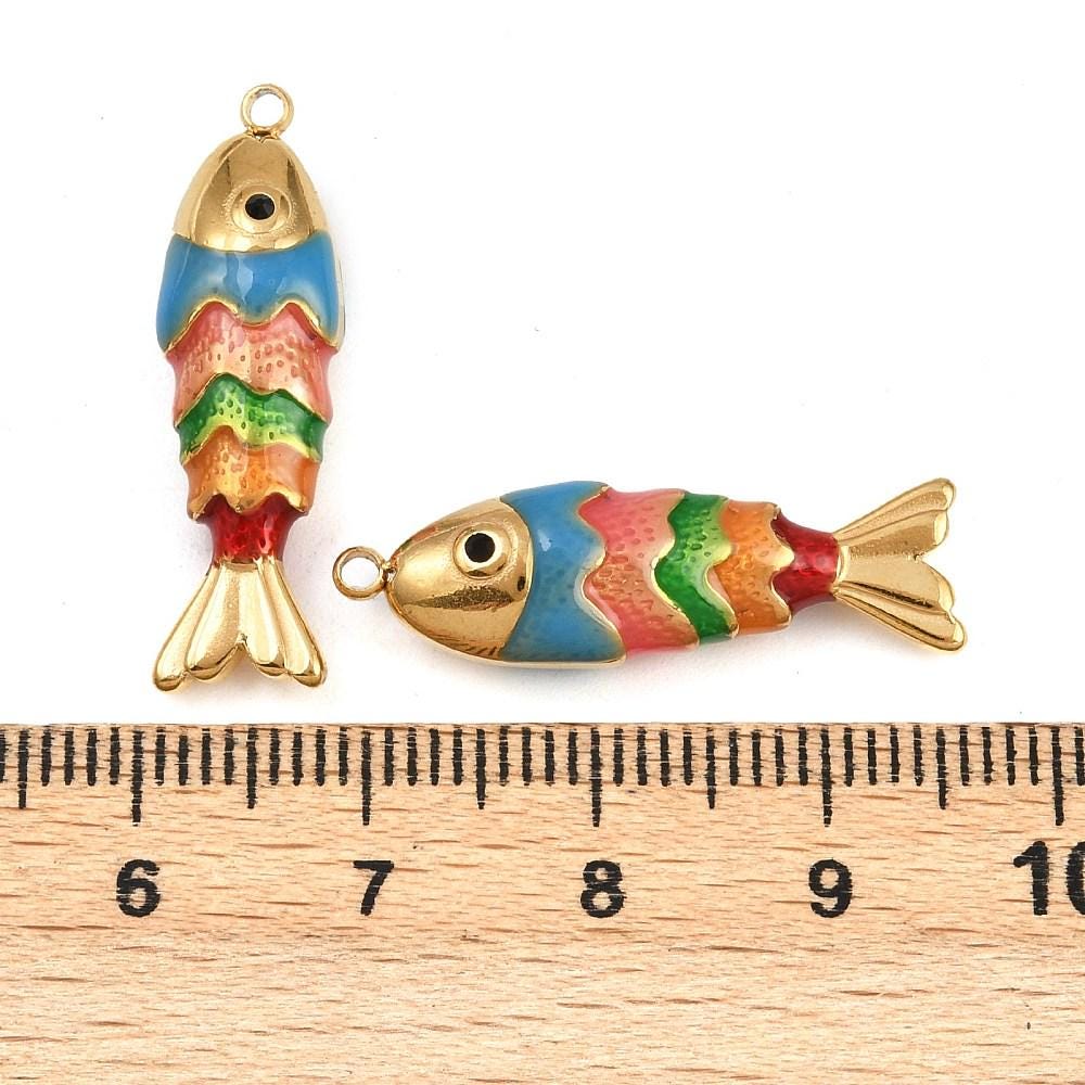 18k Gold Plated Enamel Metal Fish Charm Pendants - 28x8mm - 1pc - (5128)