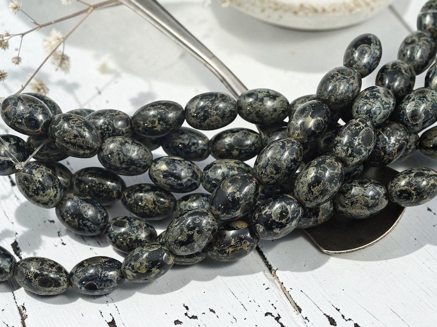 Old Stock Czech Pressed Glass Oval Rice Beads - Jet Black Picasso - 8x12mm - 12pcs Full Strand - (B996)