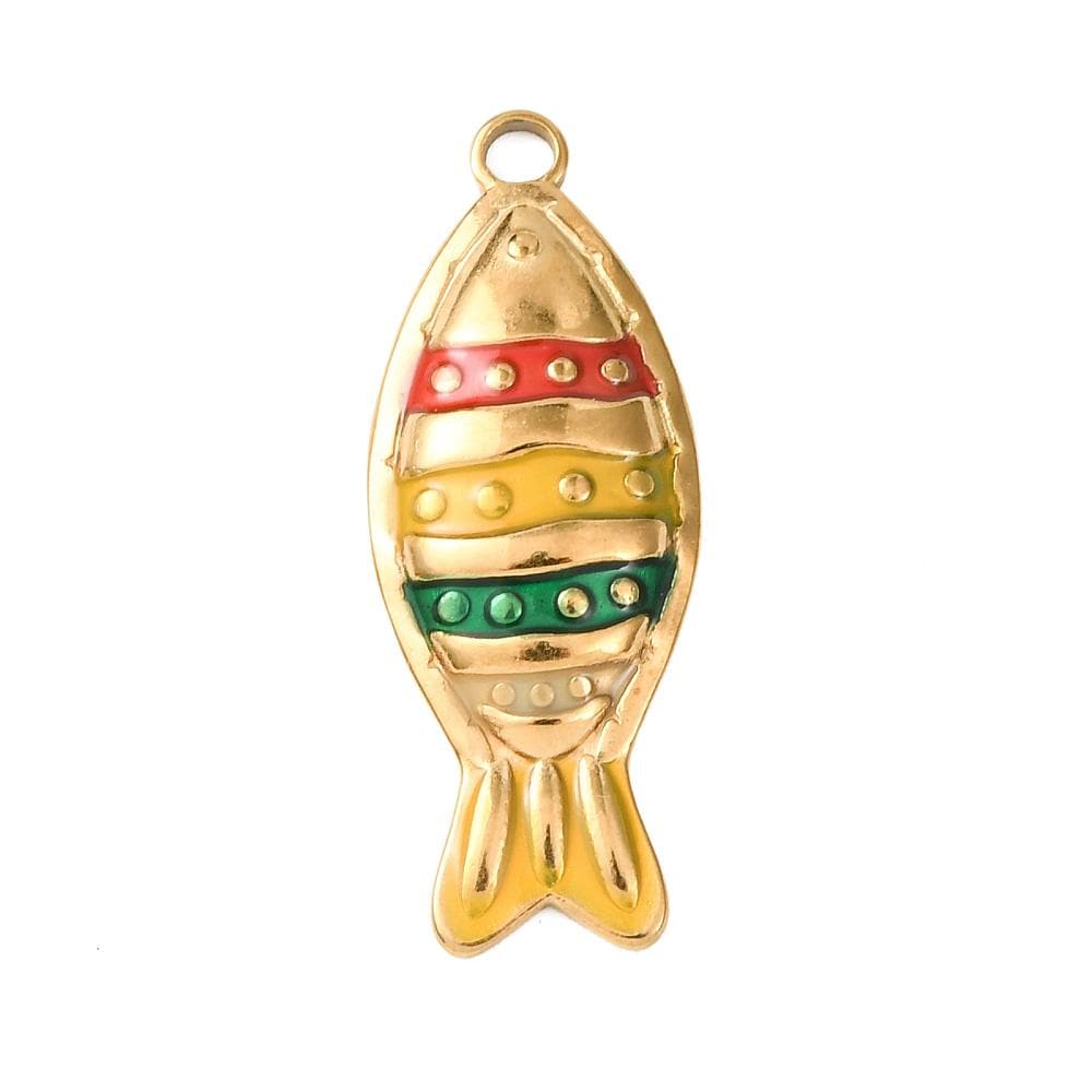 Gold Plated Stainless Steel & Enamel Metal Fish Charm Pendant - 28x11mm - 1pc - (3992)