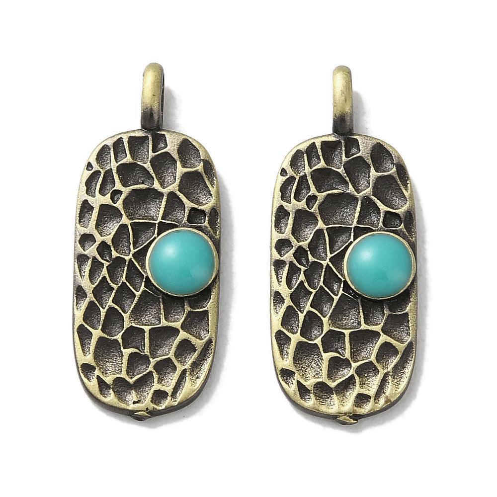 Antique Bronze Metal Hammered Oval Charms w/Turquoise - 4pcs - 21x8mm - (2713)