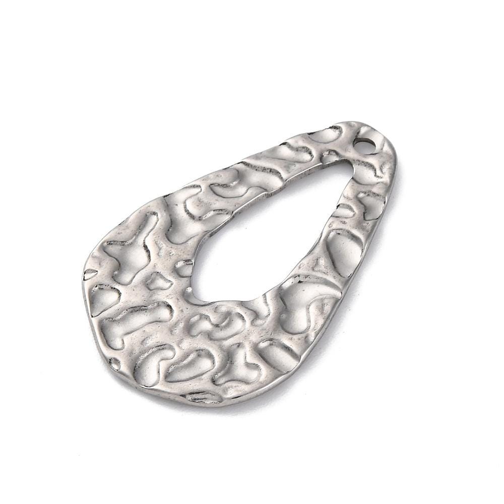 Antique Silver Stainless Steel Hammered Style Drop Charms - 5pcs - 34x22mm - (A471)