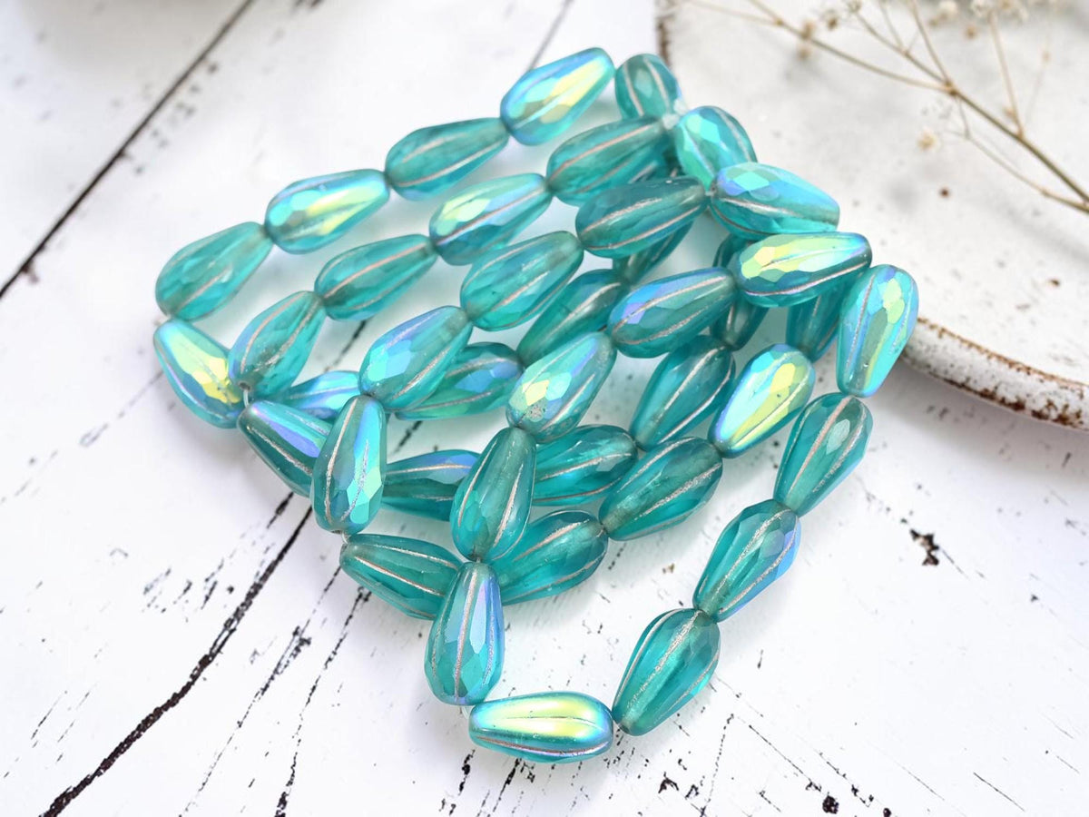 Czech Glass Faceted Tear Drop Beads - Silver Washed Matte Teal Aqua AB - 15x8mm - 10pcs - (255)