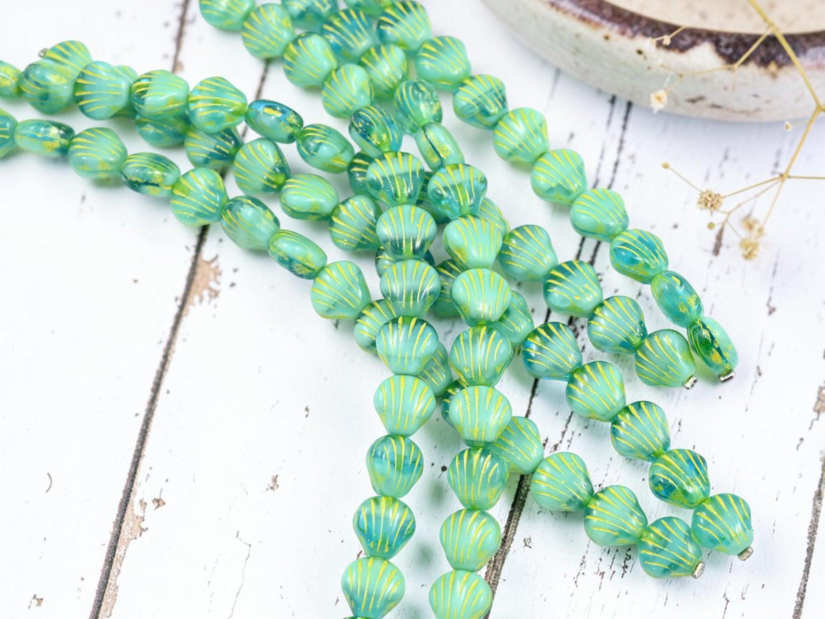 Czech Glass Sea Shell Beads - Blended Aqua Turquoise - 9mm - 15pcs - (3531)