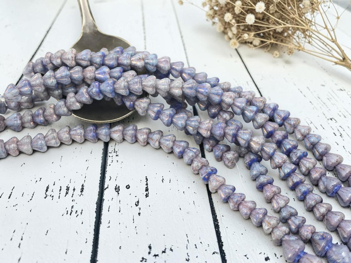 Czech Glass Small Bell Flower Beads - Purple Luster Washed Blended Blue + White - 4x6mm - 30pcs - (B190)