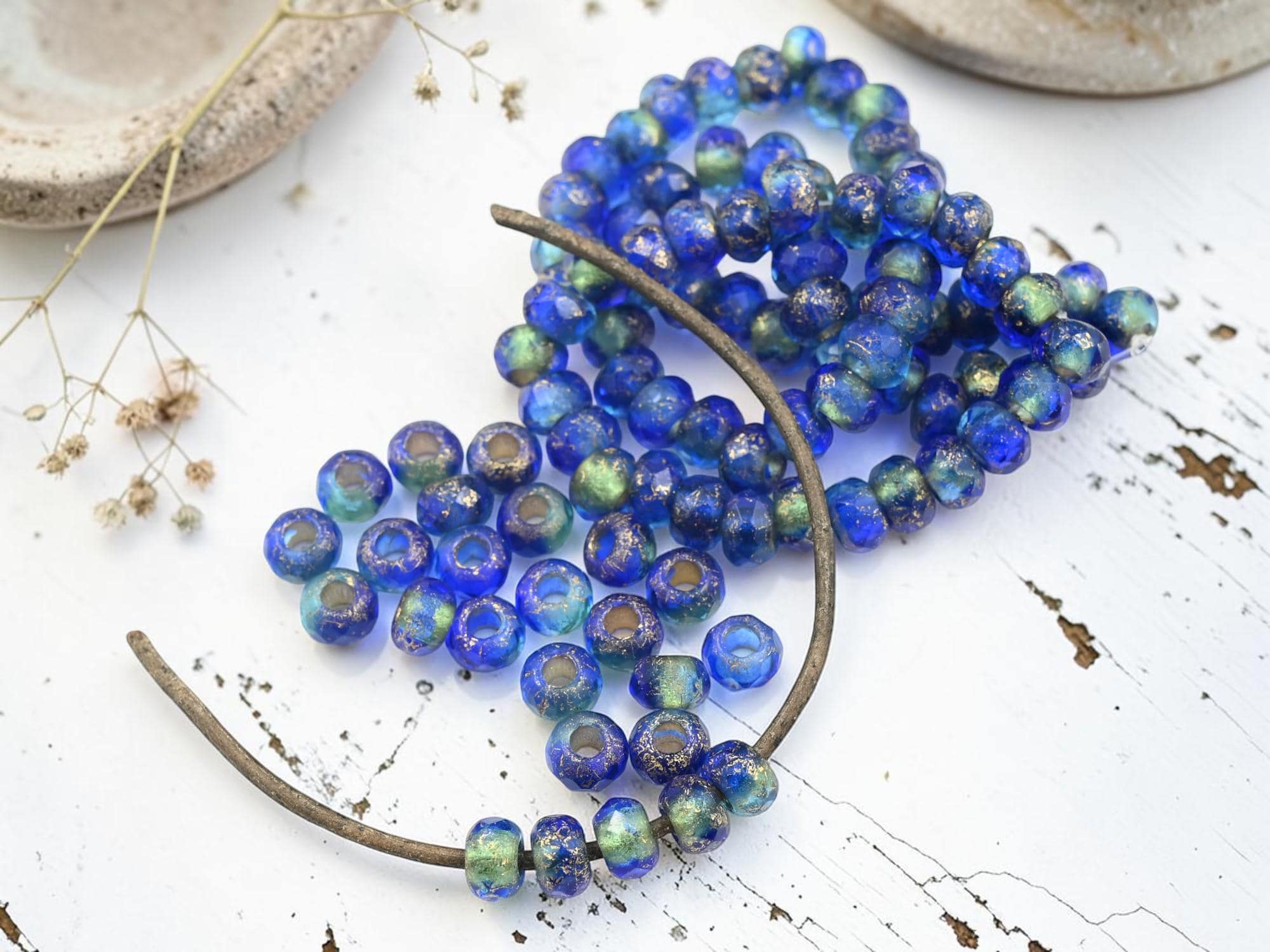 25* 6x9mm Gold Washed Sapphire Aqua Blend Faceted Large Hole
