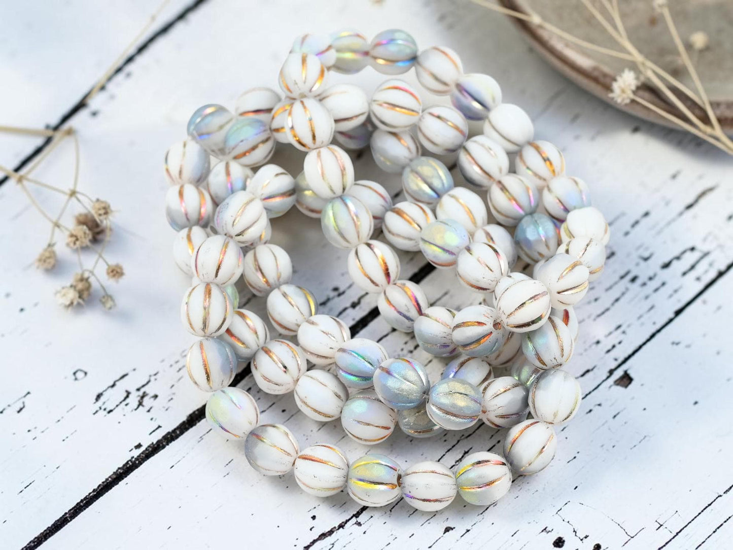 Czech Glass Round Melon Beads - Metallic Volcano Washed Matte White AB - 8mm - 20pcs - (A440)