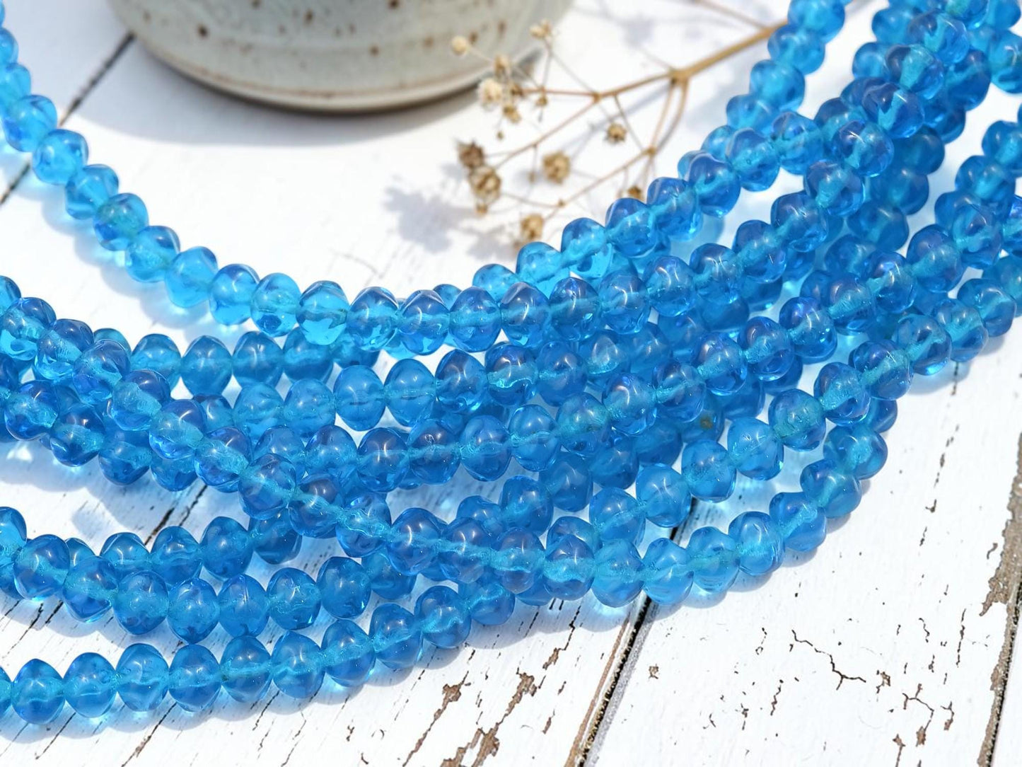 Old Stock Czech Glass Twisted Rondelle Spacer Beads - Capri Blue - 6x4mm - 8" Strand - (A99)