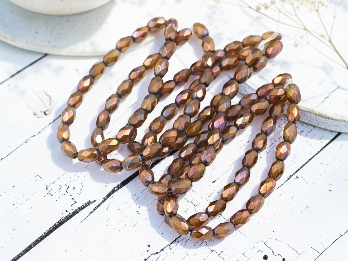 Czech Glass Fire Polished Faceted Oval Beads - Bronze Washed Burnt Orange - 5x7mm - 20pcs (2157)