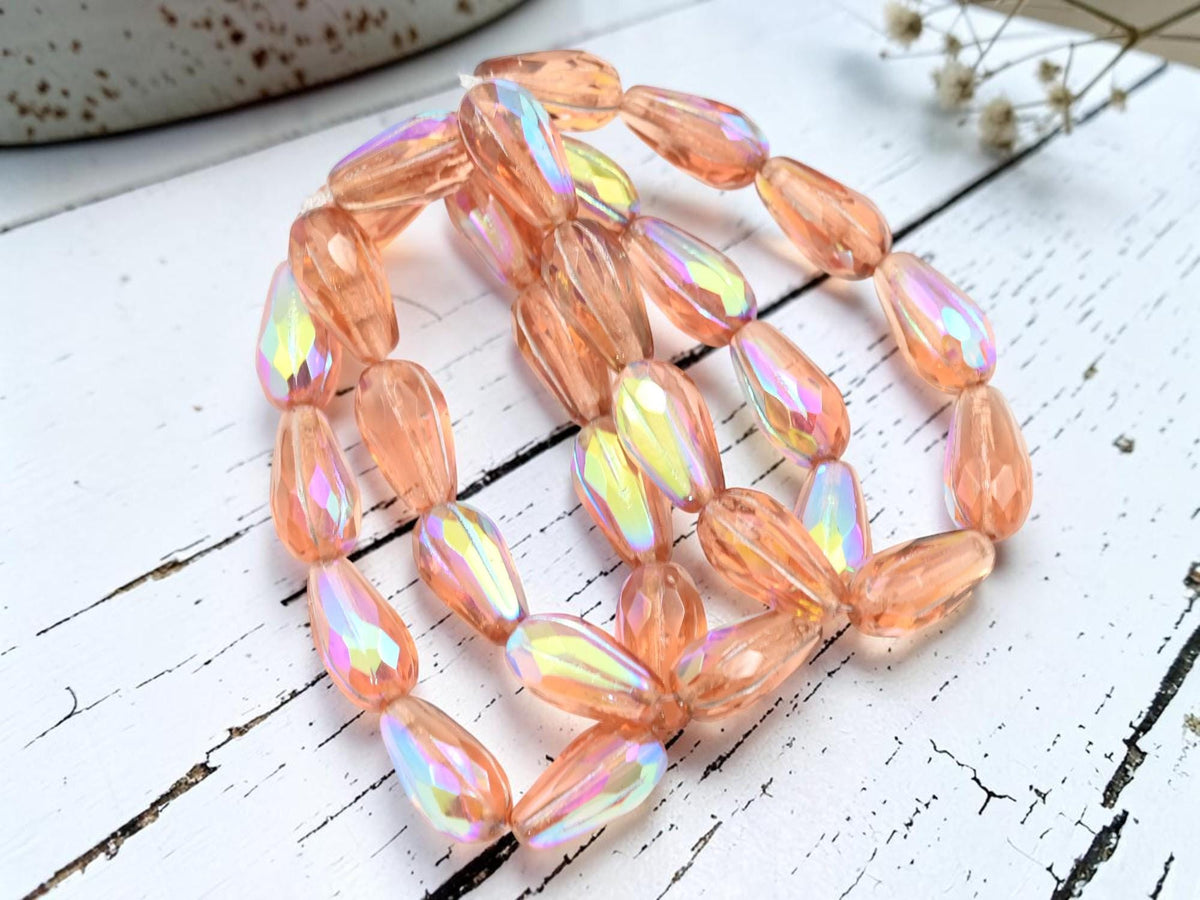 Czech Glass Faceted Tear Drop Beads - Platinum Washed Peach AB - 15x8mm - 10pcs - (B747)