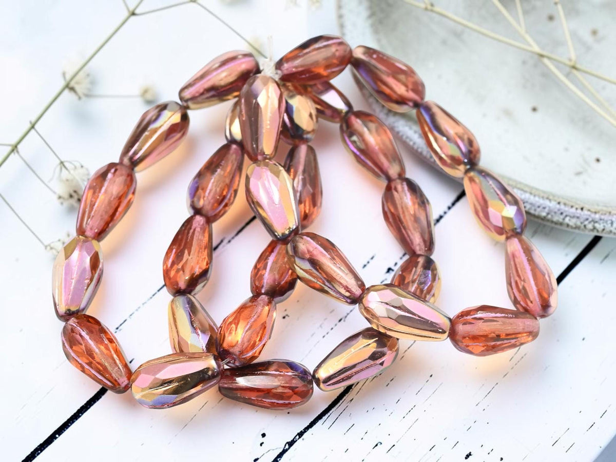 Czech Glass Faceted Tear Drop Beads - Copper Washed Orange Topaz - 15x8mm - 10pcs - (436)