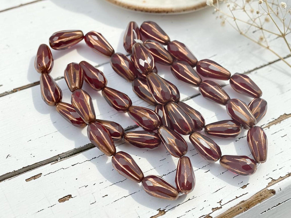 Czech Glass Faceted Tear Drop Beads - Copper Washed Ruby Red - 15x8mm - 10pcs - (324)