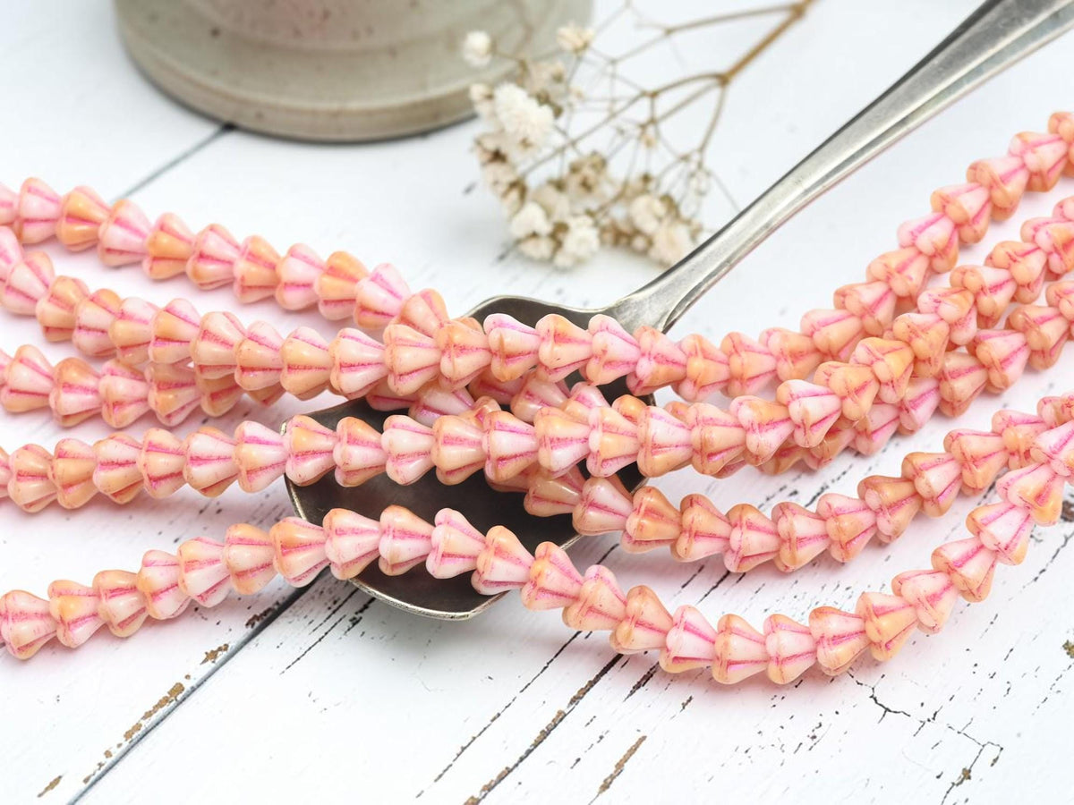 Czech Glass Small Bell Flower Beads - Pink Washed Blended Pink + White - 4x6mm - 30pcs - (3666)