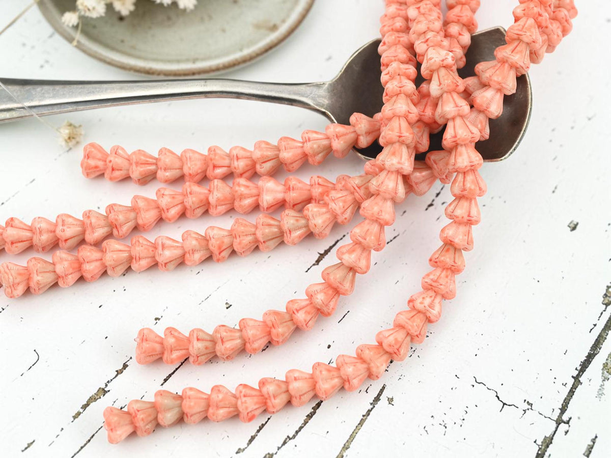 Czech Glass Small Bell Flower Beads - Coral Washed Blended Pink + White - 4x6mm - 30pcs - (B678)