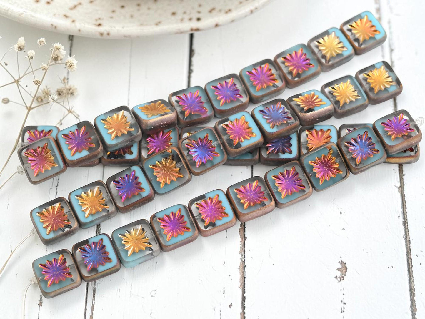 Czech Glass Table Cut Starburst Square Beads - 10mm - 10pcs - (2428)