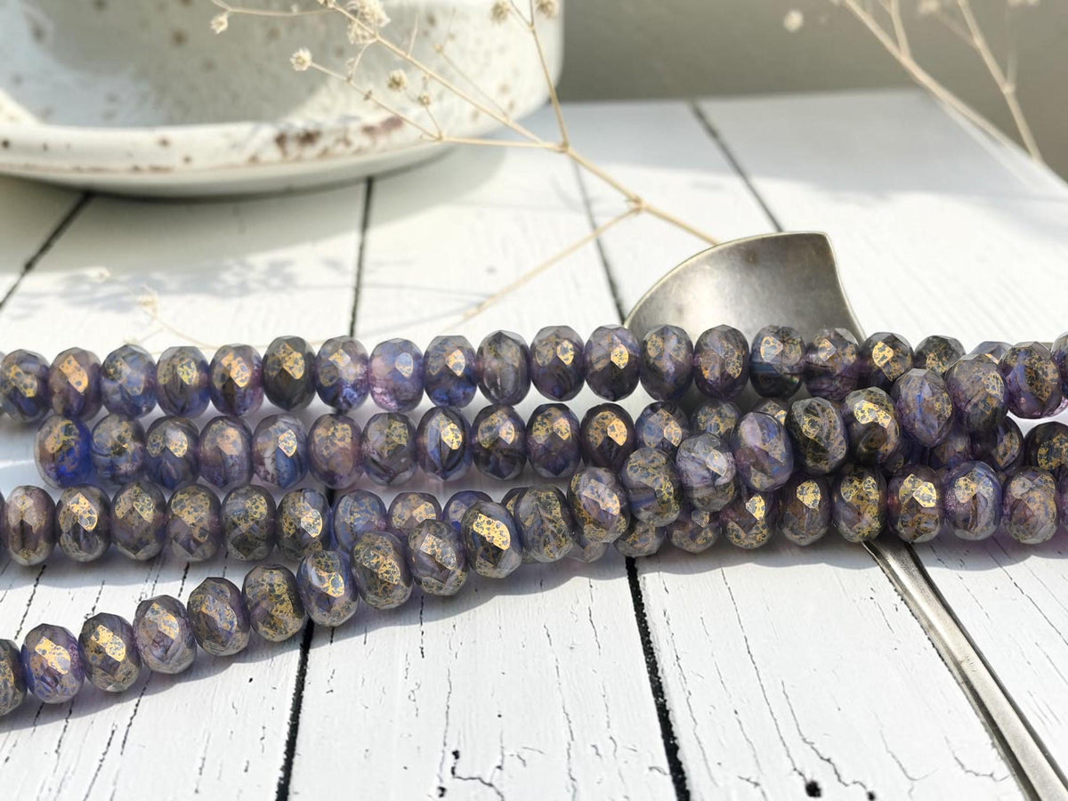 Czech Glass Faceted Fire Polished Rondelle Donut Beads - Matte Blue Amethyst - 6x8mm - 25pcs - (A676)