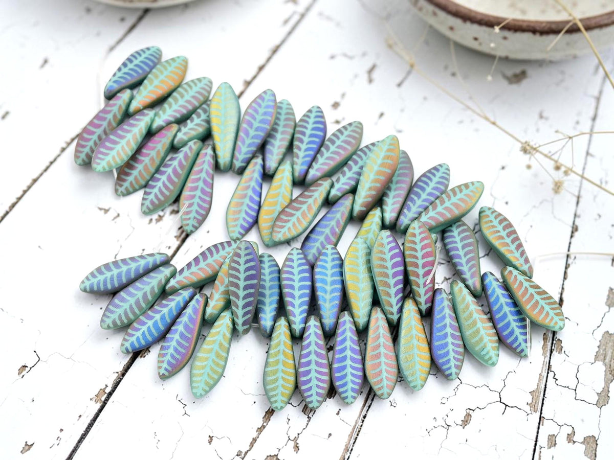 Czech Glass Top Hole Laser Etched Dagger Beads - Matte Turquoise Sliperit - 5x16mm - 25pcs - (A660)
