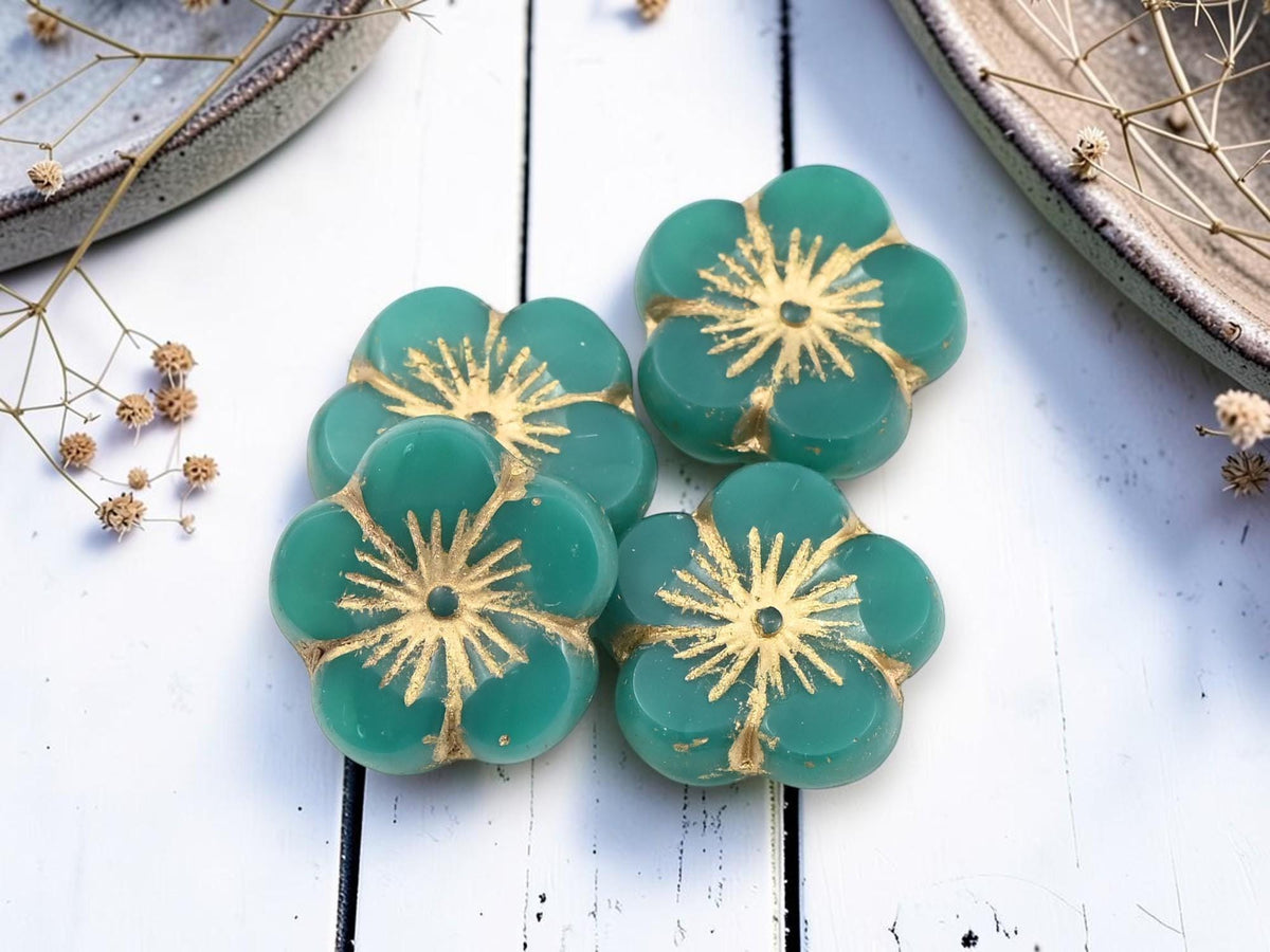 Czech Glass Table Cut Hawaiian Hibiscus Flower Beads - Gold Washed Green Teal Opaline - 21mm - 2pcs - (3647)