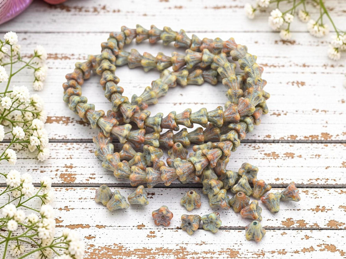Czech Glass Small Bell Flower Beads - Turquoise Washed Honey Beige Picasso - 5x6mm - 30pcs - (1075)