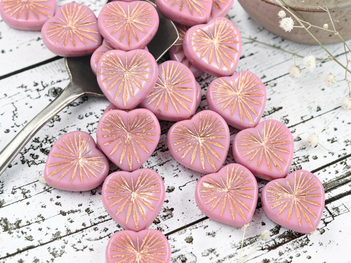 Czech Glass Heart Beads - Gold Washed Pink - 18mm - 6pcs - (2828)