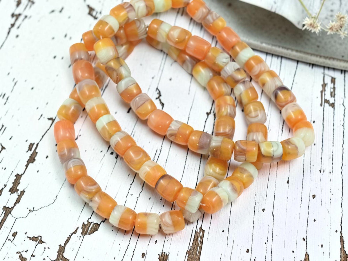 Czech Pressed Glass Barrel Beads - Orange + Sage Green - 8x7mm - 25pcs - (A434)