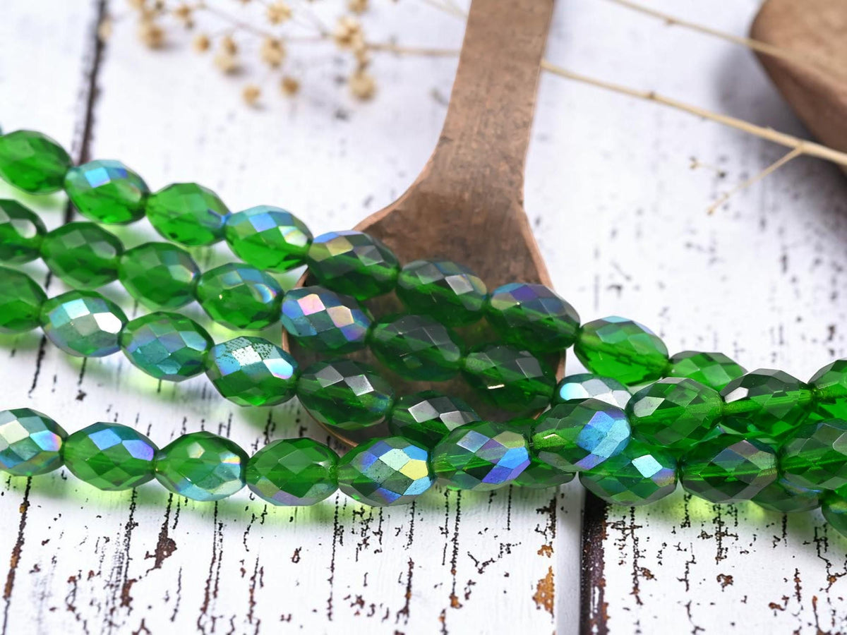 Old Stock Czech Glass Fire Polished Faceted Oval Beads - Emerald Green AB - 13x9mm - 15pcs - (761)