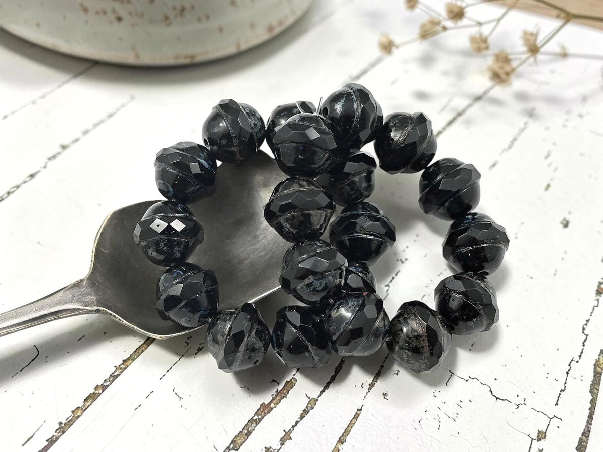 Czech Glass Faceted Saturn Beads - Jet Black Picasso - 10x12mm - 10pcs - (A671)