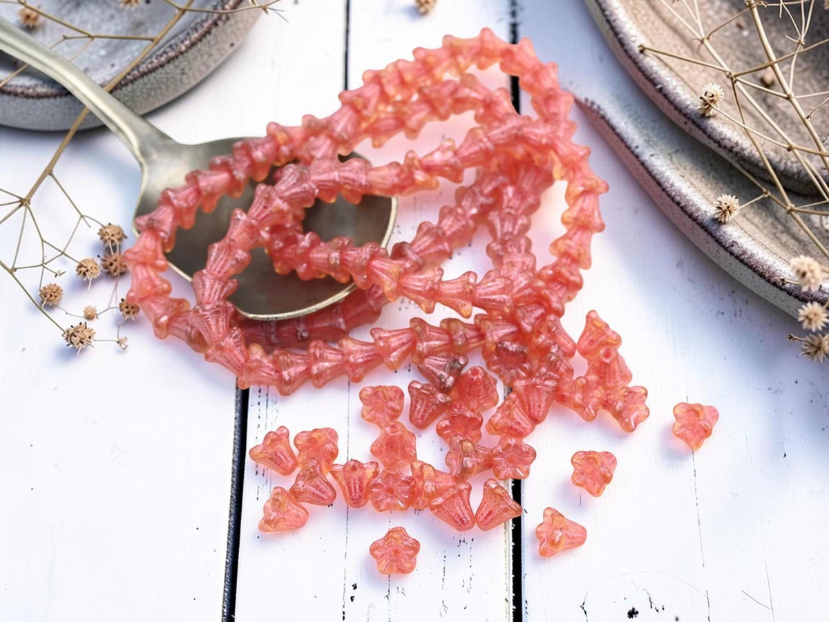 Czech Glass Small Bell Flower Beads - Metallic Pink Washed Pale Topaz - 5x6mm - 30pcs - (1296)