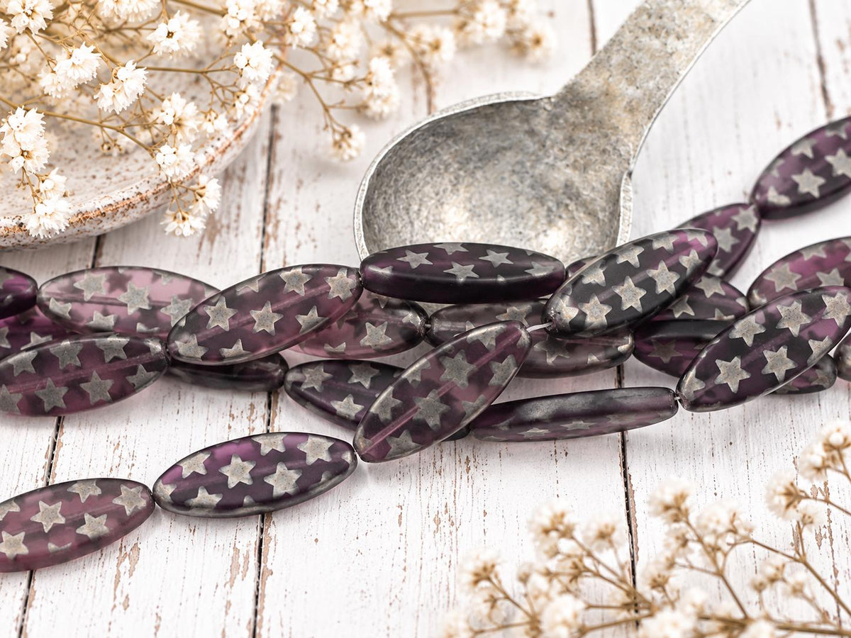 Czech Glass Marquise Spindle Oval Beads - Laser Etched Matte Amethyst - 30x12mm - 7pcs - (4725)