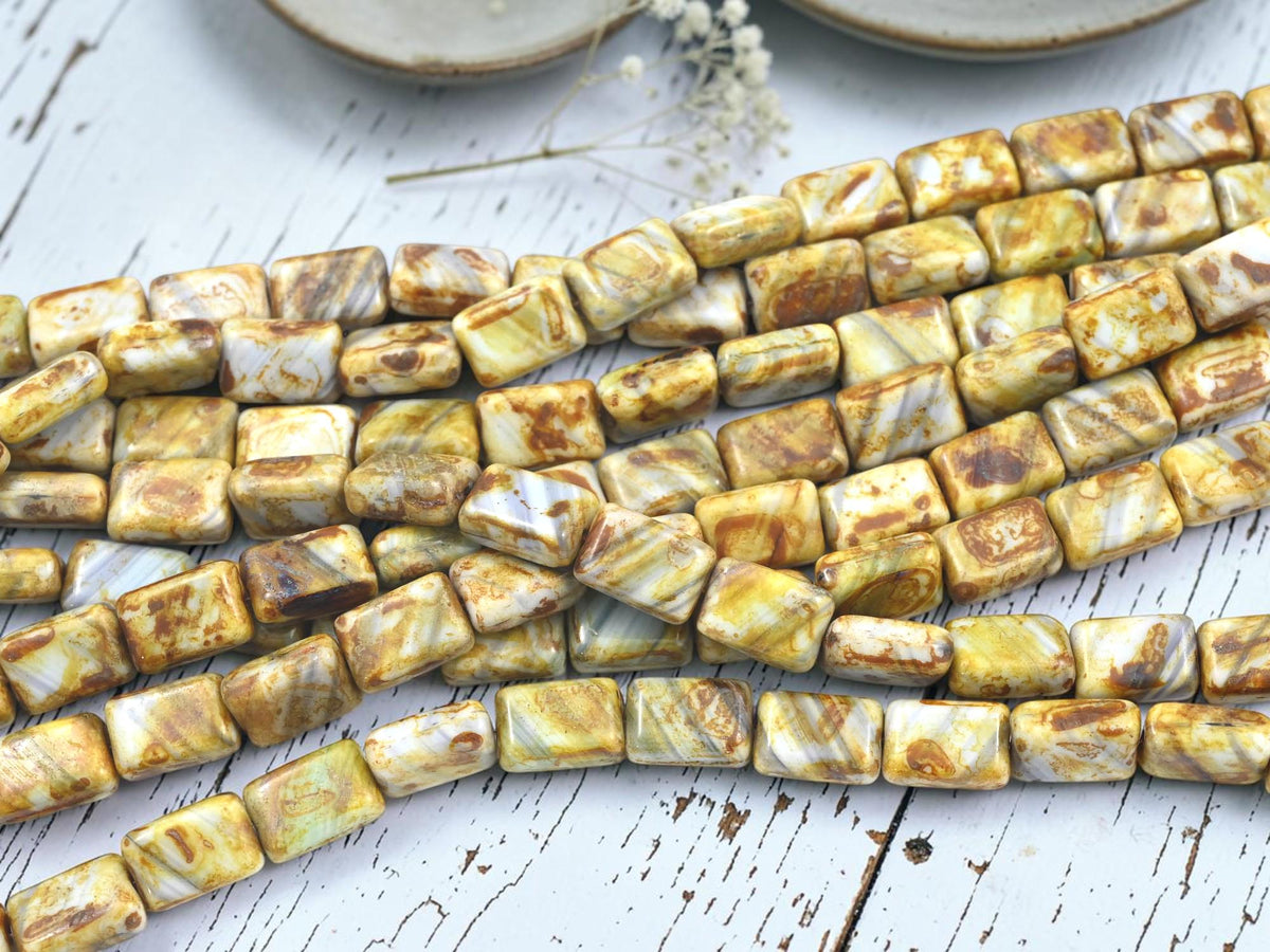 Czech Glass Old Stock Chiclet Rectangle Beads - Blue + White Travertine - 12x8mm - 16pcs - (846)