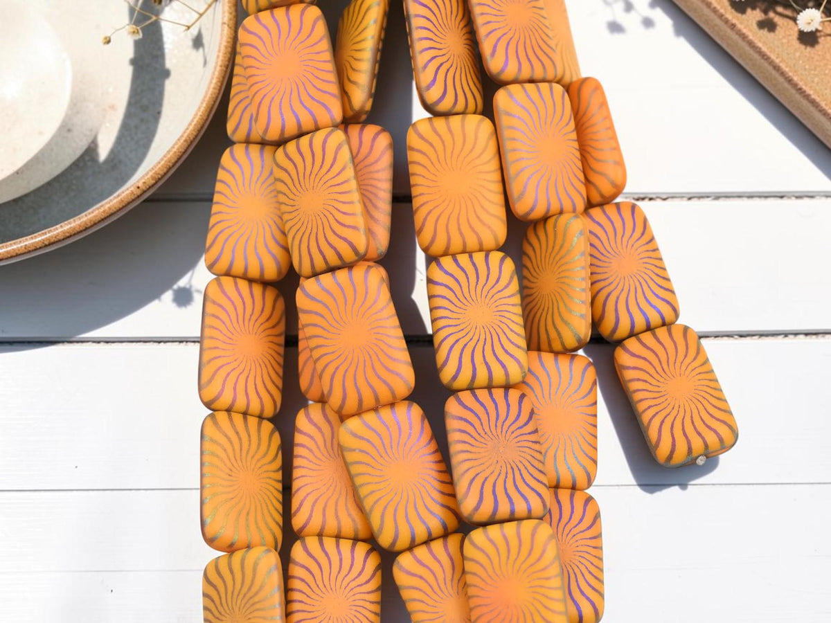 Czech Glass Laser Etched Sunray Rectangle Beads - Matte Orange Sliperit - 19x12mm - 6pcs - (B735)