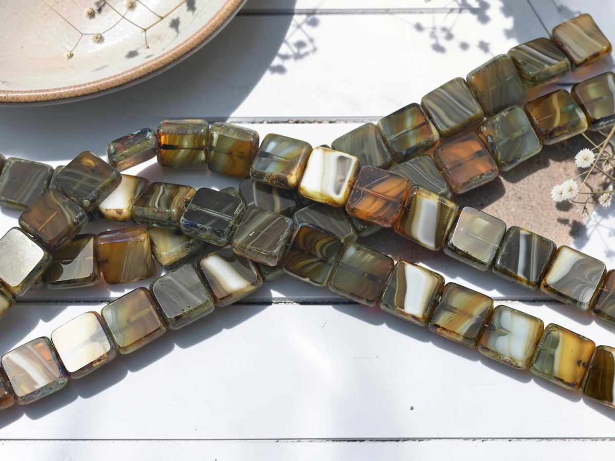 Old Stock Czech Glass Table Cut Square Beads - Blended Topaz Travertine - 10mm - 19pcs - (3136)