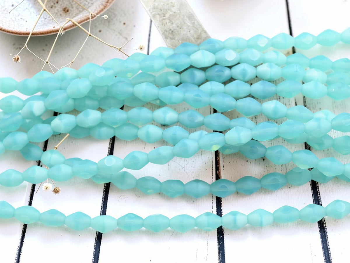 Old Stock Czech Glass Elongated Bicone Beads - Ocean Blue Opaline - 6x8mm - 18pcs - (A307)