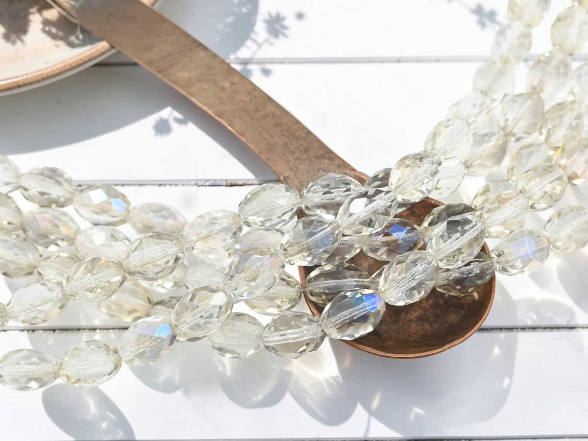 Old Stock Czech Glass Fire Polished Faceted Oval Beads - Crystal Shadow - 13x9mm - 15pcs - (3572)