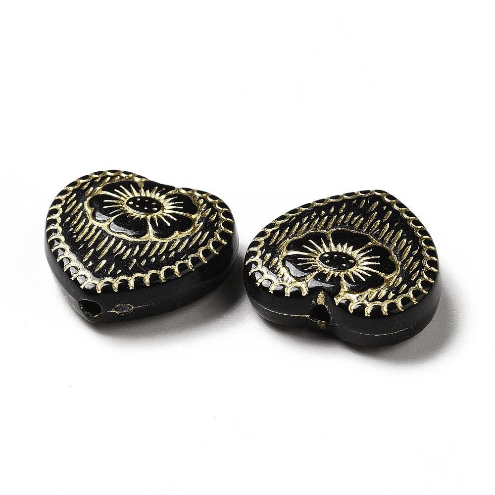 Gilded Crystal Jet Black Acrylic Heart Beads - Lightweight - 17x18x5mm - 10pcs - (A300)