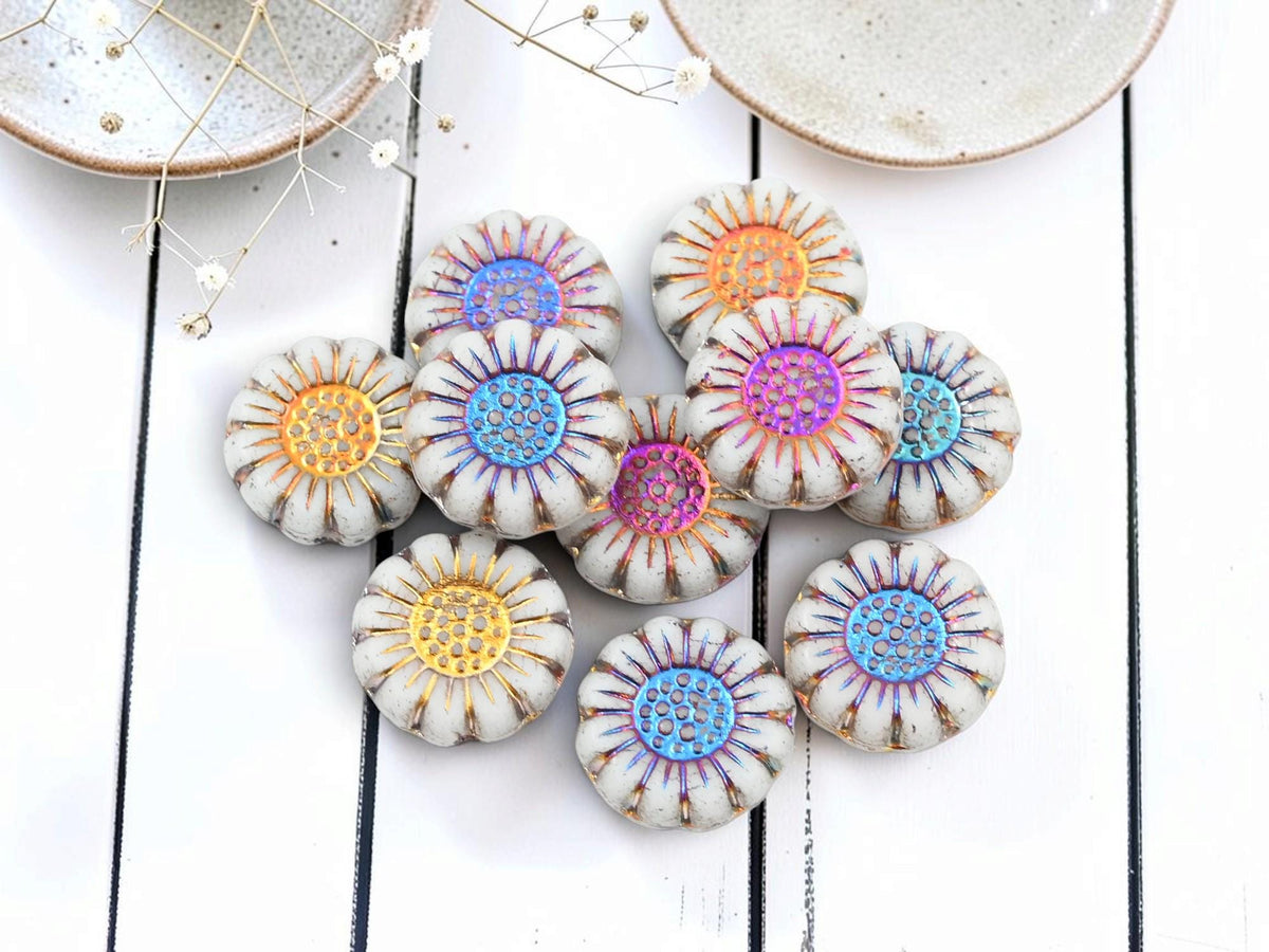 Czech Glass Sunflower Coin Beads - Metallic Volcano Washed Matte Alabasster - 13mm - 10pcs - (6182)