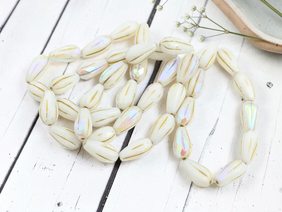 Czech Glass Faceted Teardrop Beads - Gold Washed White Luster AB - 15x8mm - 10pcs - (1916)