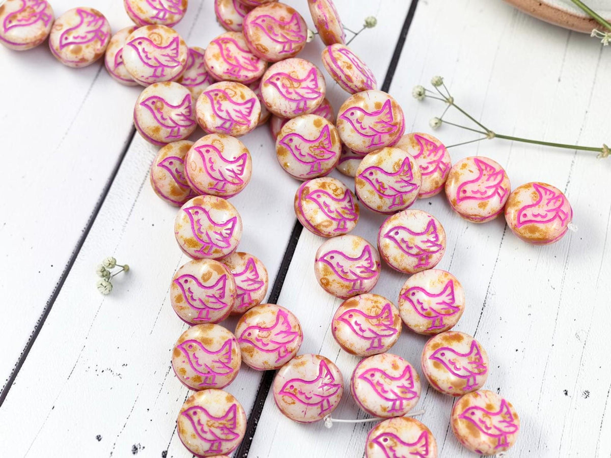12mm Czech Glass Chickadee Coin Beads - Fuchsia Washed Alabaster Picasso - 12mm - 10pcs - (6176)